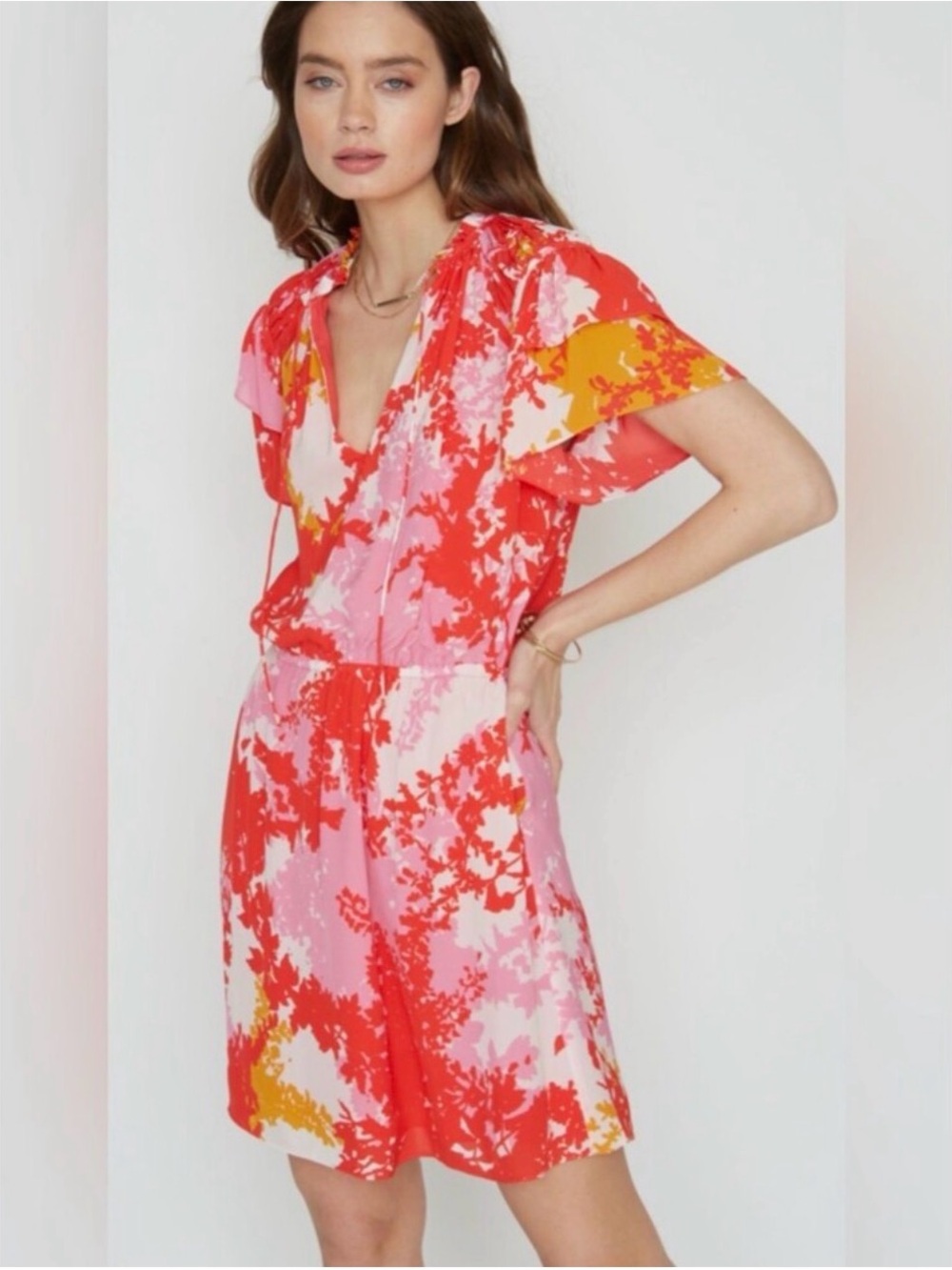 CABALLERO • Floral V-Neck Dress floral red pink - Medium short sleeve